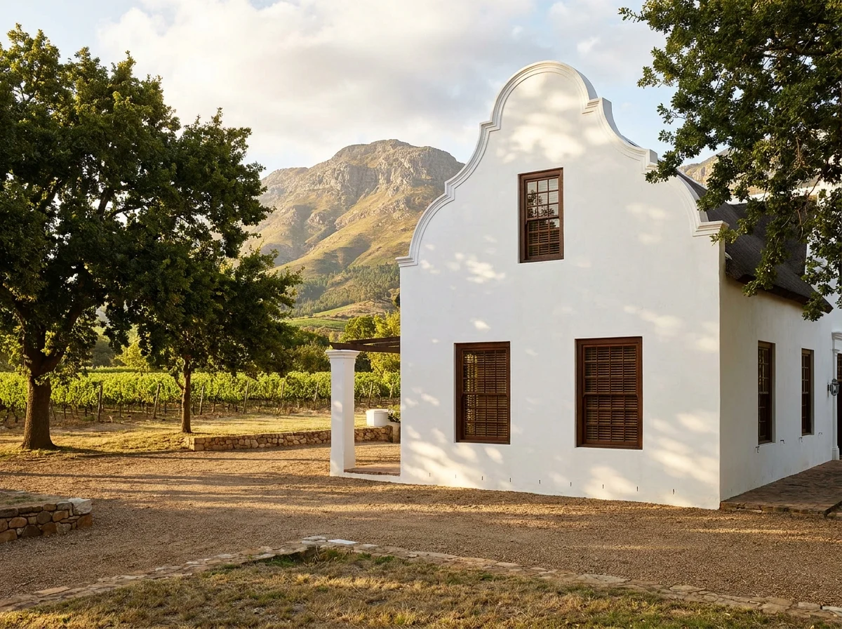 Historic Cape Dutch werf homestead on a wine estate near Groot Drakenstein, whitewashed gable end with the Groot Drakenstein mountains behind