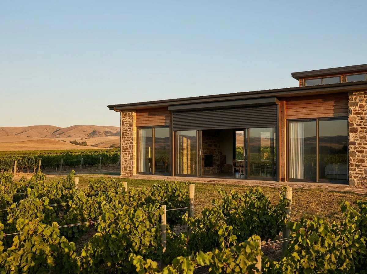 Flat open vineyard farmhouse along the Simonsvlei farm belt with wide glass windows fitted with an external roller shutter partly lowered, minimal mountain shelter