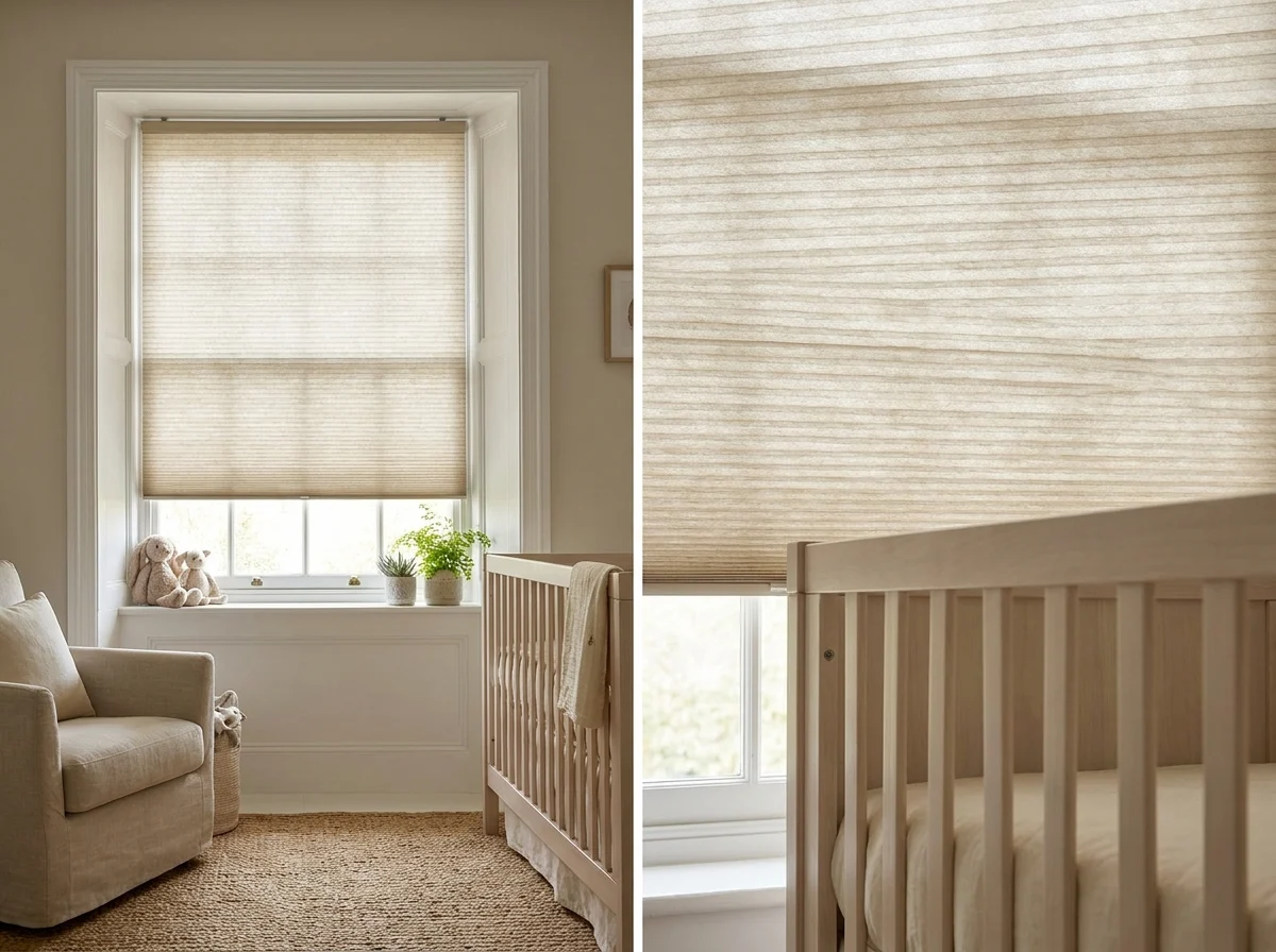 Honeycomb cellular blind covering a deep farmhouse nursery window in the Drakenstein Valley