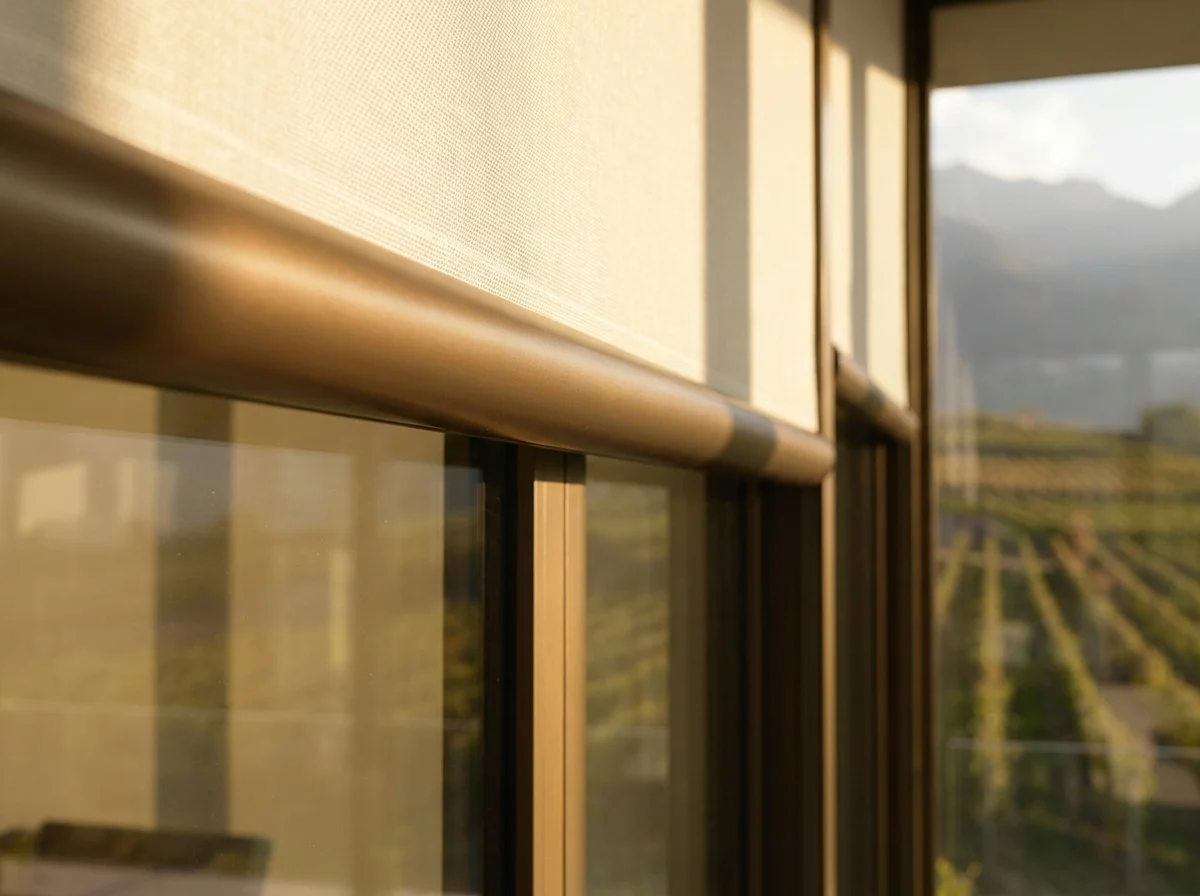 Close-up of a sunscreen roller blind tube and fabric edge against a Drakenstein Valley window, vineyard rows softened beyond the glass