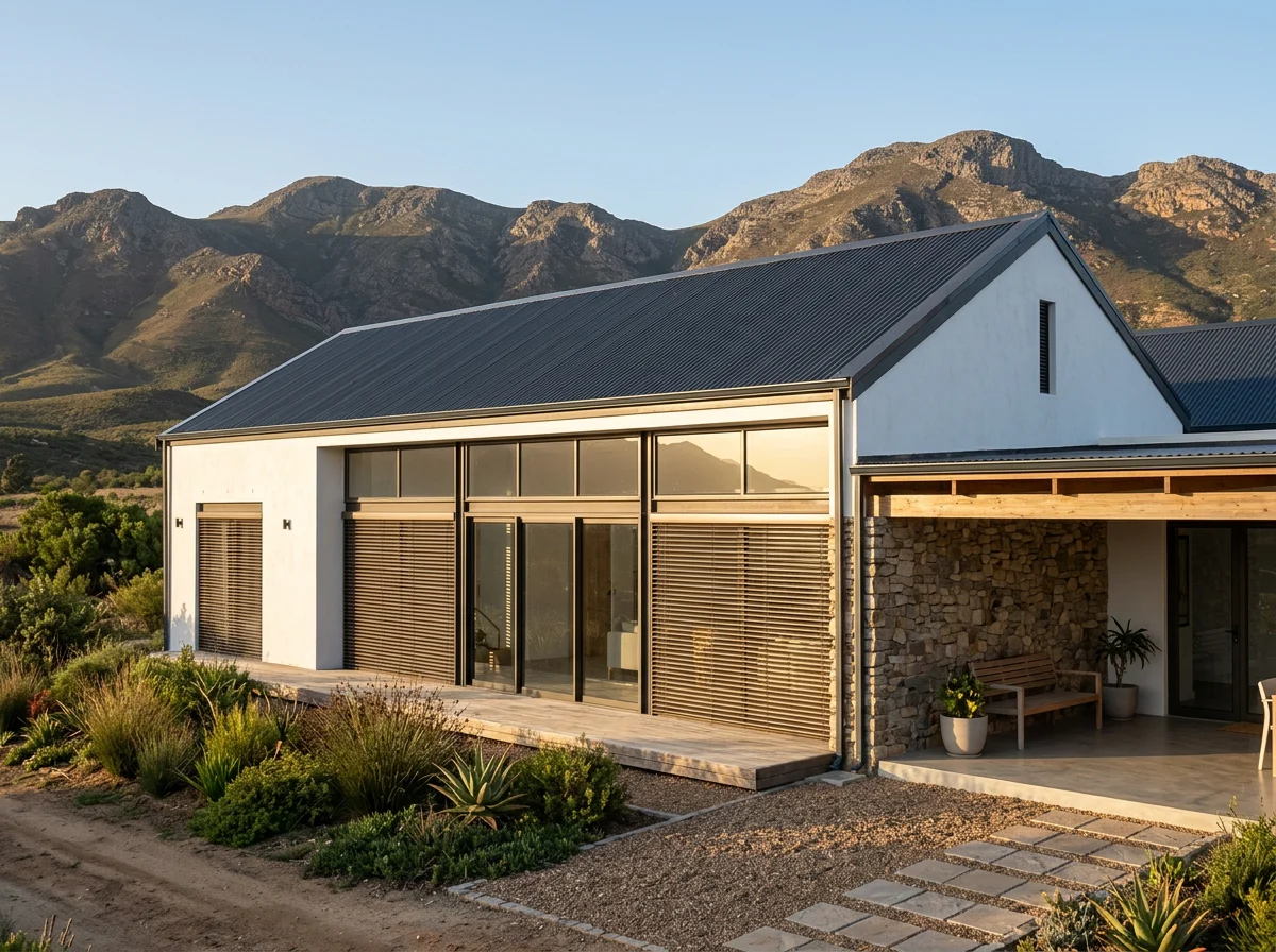 Wide aluminium external venetian blinds mounted outside tall glass on a new farmstead-style home facade in the Drakenstein Valley