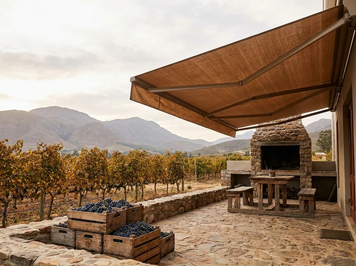 Folding-arm awning extended over a Drakenstein Valley farmstead braai patio during harvest season, crates of grapes stacked beside the vineyard rows, mountains in the distance