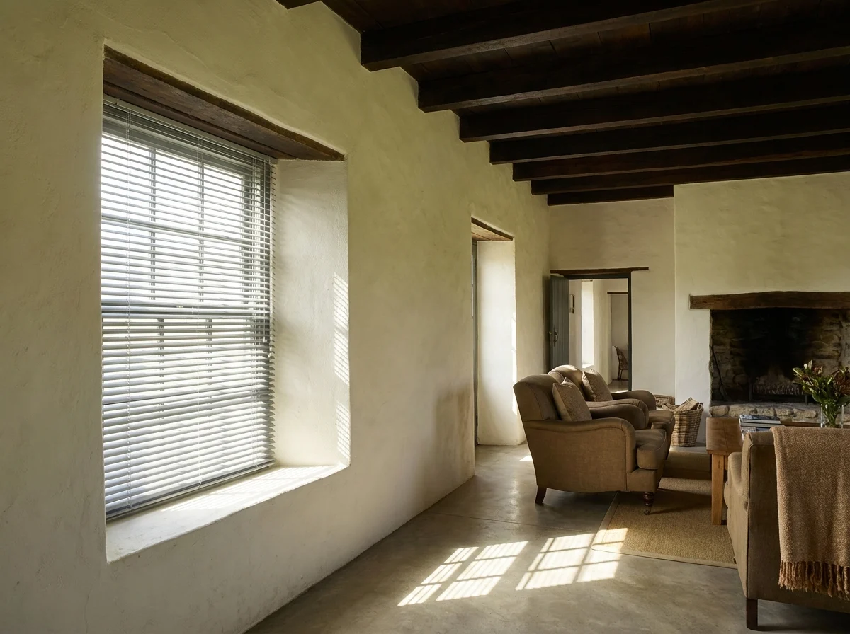 Lime-washed Drakenstein Valley farmstead living room with an aluminium venetian blind tilted against midday sun through a deep-set window