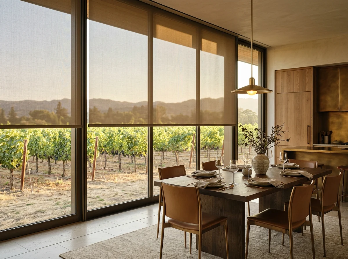 Sunscreen mesh roller blinds lowered halfway across a glass-walled dining room facing vineyard rows in the Drakenstein Valley