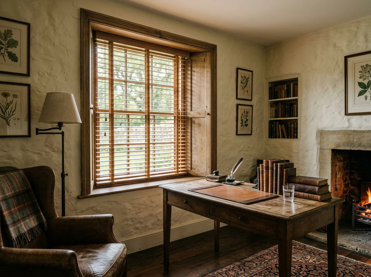 Timber venetian blind with horizontal wood slats fitted in a deep-set heritage farmstead study window in the Drakenstein Valley